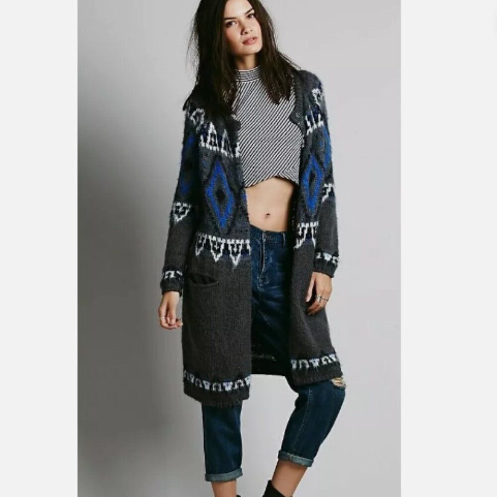 Free People Women Fair Isle Cardigan S Gray Blue Wool Blend Boho Indie Nordic